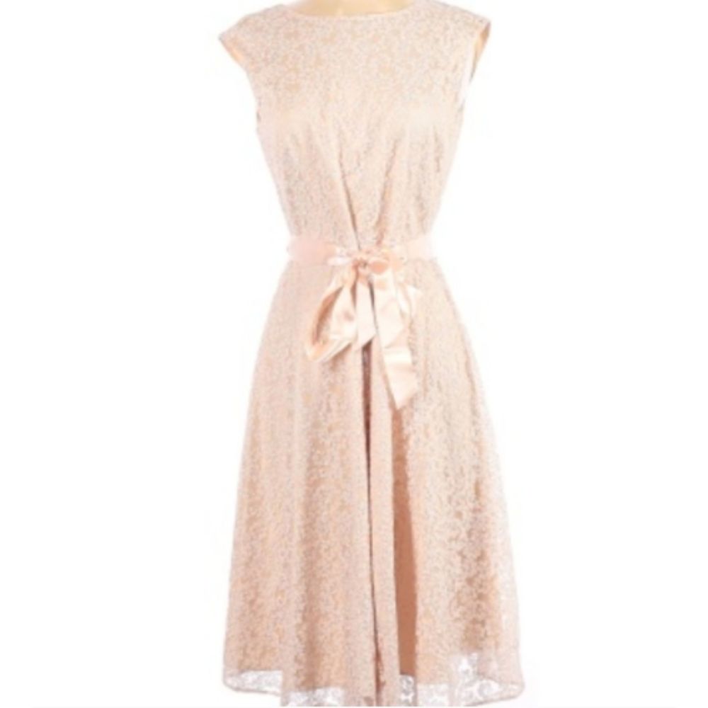 Tahari Arthur Levine Peach Lace Rayon Blend 3/4 Sleeve Knee Length Ribbon Dress - Picture 1 of 10